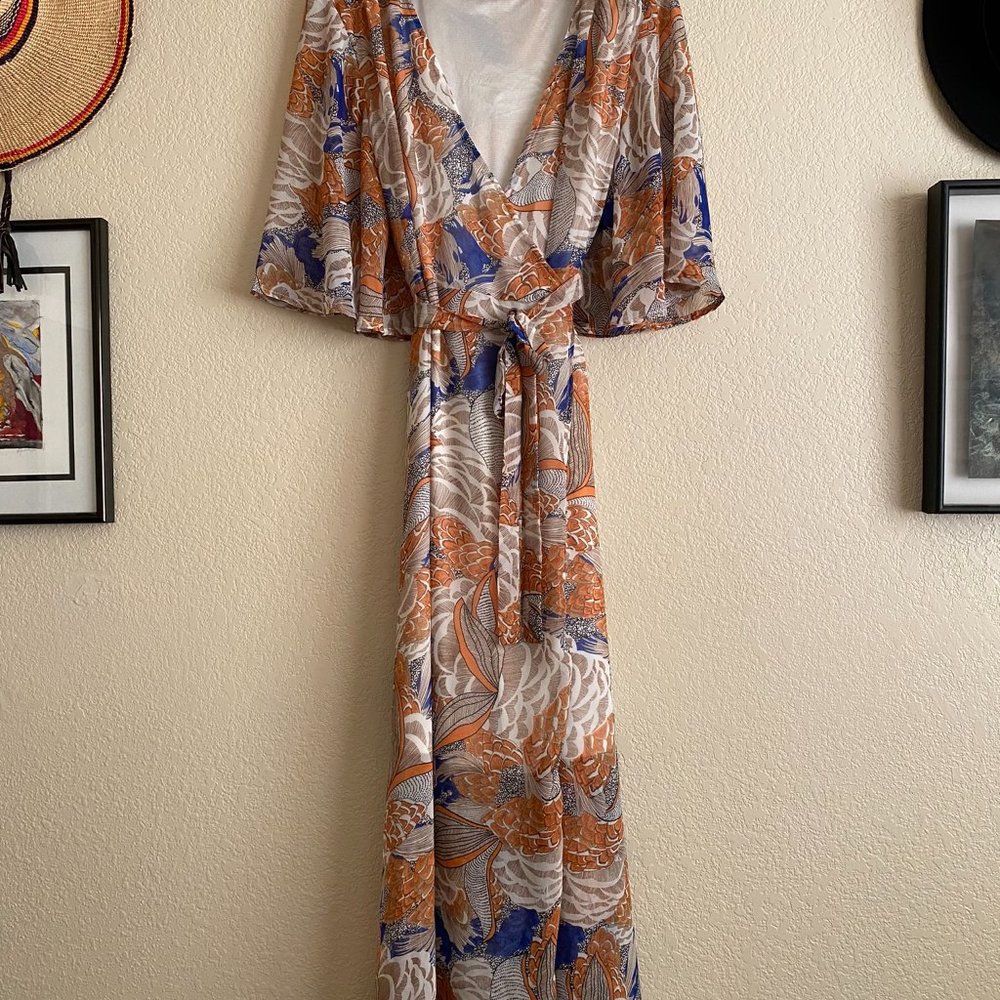 Floral Wrap Dress Orange/Blue/White US Large